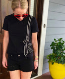 Black Short Sleeve Knit Top with Black & White Vertical Ribbon Bow Trim
