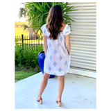 White & Blue Block Printed Molly Dress with Pockets