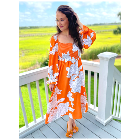 Orange Modern Floral Smocked Ruffle Sleeve Coco Dress