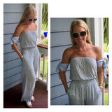 Navy Blue White Stripe Off the Shoulder Jumpsuit with Tie Sleeves