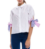 White Button Down 3/4 Sleeve Shirt with Pink & Blue Seersucker Sleeve Ties
