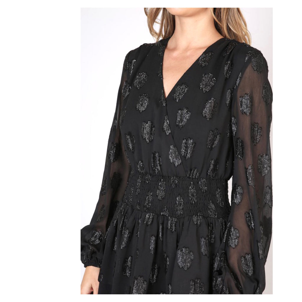 Black V-Neck Long Sleeve Tiered Ruffle Dress with METALLIC Black Accents, Smocked Waist ... Black V-Neck Long Sleeve Tiered Ruffle Dress with METALLIC Black Accents, Smocked Waist ...