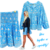 Pacific Blue Block Print Smocked Ruffle Skirt