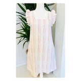 Natural & Pink Pinstripe Ruffle Sleeve Linen Shift Dress with Pockets
