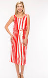 Red Ivory Stripe Sleeveless Midi Dress with Waist Tie