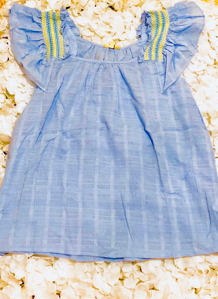 Blue Flutter Sleeve Top With Yellow Smocking Shoulder Embroidery ...