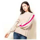 Beige Sweater with Cable Knit & Pink Stripe Sleeve Contrast