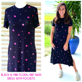 Black & Pink Floral Knit Deanna Dress with Pockets