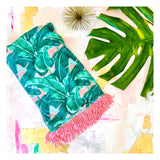 Troop Palm Springs Pink & Green Banana Leaf Beach Towel or Sarong Wrap with Pink Fringe