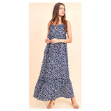 Navy & White Dots Maxi Dress with Double Shirred Ruffle Trim
