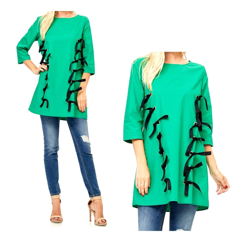 Kelly Green 3/4 Sleeve Tunic Top OR Dress with Grommet & Black Tie Accents