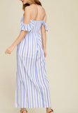 Denim Blue Stripe Off the Shoulder Smocked Maxi Dress