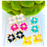 Multicolor Gold Painted Flower 1.75” Stud Earrings with Pearl & Rhinestone Center