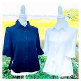 Black OR White Ruffled 1/2 Sleeve Button Down Top with Pleated Back