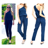 Navy One Shoulder Jumpsuit with Pockets