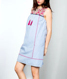 Blue Stripe Sleeveless Shift Dress with Vibrant Fuschia Embroidery and Tassel Ties