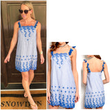 Blue Embroidered Scallop Hem Tassel Dress