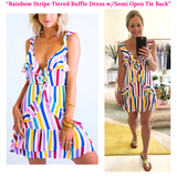 Rainbow Stripe Tiered Ruffle Dress with Semi Open Tie Back