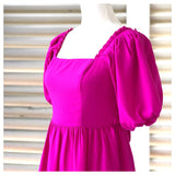 Magenta Pleated Trim Puff Sleeve Babydoll Dress with Bow Back