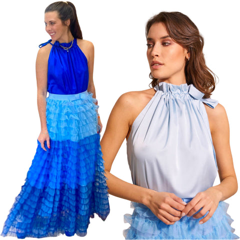 Blue or Blue Bow Neck Camille Top