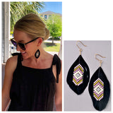 Black Feather Earrings with Lavender Yellow & White Beads