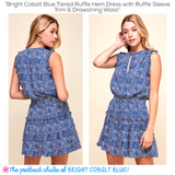 Bright Cobalt Blue Tiered Ruffle Hem Dress with Ruffle Sleeve Trim & Drawstring Waist