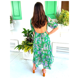 Green Floral Puff Sleeve Pearson Dress with Open Back