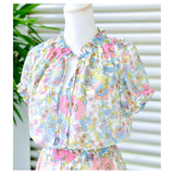 Designer Inspired Blue Pink Green Floral Ruffle High Low Hem Puff Sleeve Chiffon Dress