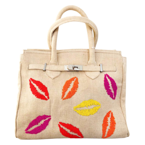 Lips Handmade Beaded Canvas Bag