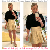 Gold High Waisted Pleated Jaquard Flared Skater Skirt