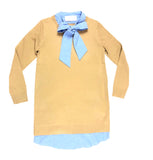 Light Camel Soft Knit Sweater Dress with Blue Contrast Shirttail Hem