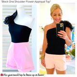 Black One Shoulder Flower Appliqué Top