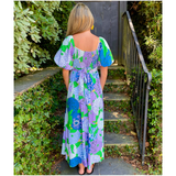 Purple Hydrangea Print Puff Sleeve Jardin Dress with Smocked Tie Back