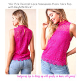 Hot Pink Crochet Lace Sleeveless Mock Neck Top with Keyhole Back & Scalloped Hem