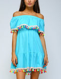 Turquoise Off the Shoulder Tassel Dress
