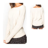 Beige Ribbed Knit Round Neck Sweater with Banded Sleeves & Hem