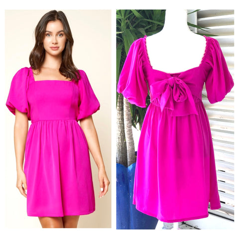 Magenta Pleated Trim Puff Sleeve Babydoll Dress with Bow Back