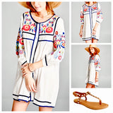 White 3/4 Sleeve Embroidered Button Down Tunic Dress