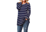 Navy Blue with White Stripes Oversized Tunic with Brown Faux Suede Shoulder Detail