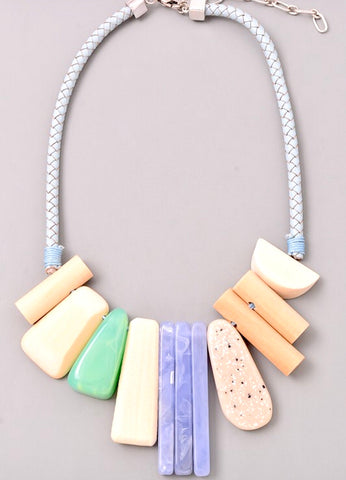 Lavender Jade and Neutral Mixed Wood and Stone Rope Necklace with Adjustable Chain Extension