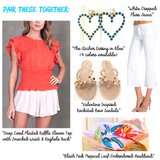 Deep Coral Pleated Ruffle Sleeve Top with Smocked Waist & Keyhole Back