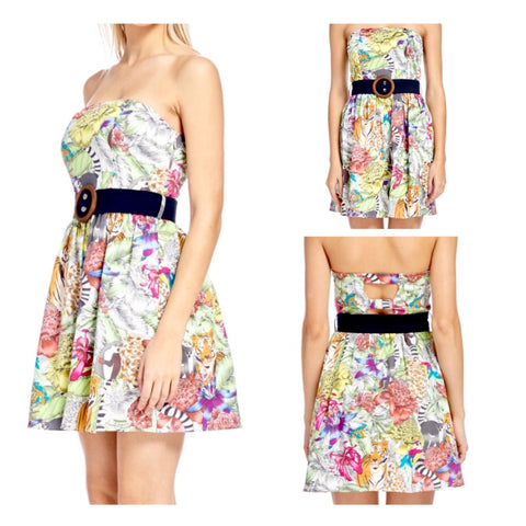 Strapless Floral Tiger Print Dress with Cutout Back & Belt
