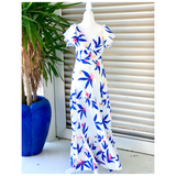 White blue & pink Bloom Twist Front Maxi Dress
