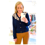 Navy Button Front Cardigan with Tartan Ruffle Contrast
