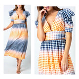 Navy Orange Pink & White Gingham Midi Dress with Puff Sleeves & Front or Back Tie Belt