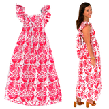 Red & White Flutter Sleeve Bow Back Lotus Maxi Dress