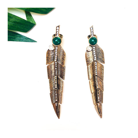 Gold Rhinestone Feather Earrings with Emerald Green Natural Stone Accent