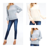 Cream OR Heather Grey Puff Sleeve Knit Top with Banded Sleeve & Hem Contrast