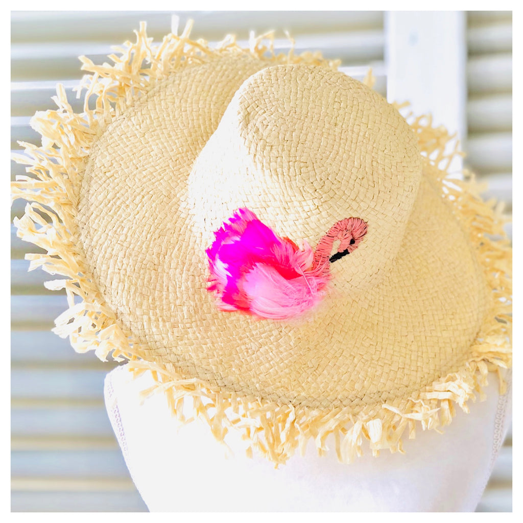 Natural Feathered & Embroidered Flamingo Paper Straw Frayed Edge Hat with  Adjustable Drawstring - James Ascher