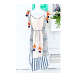 Natural with Navy Bright Pink & Orange Embroidered Button Down Midi Dress with Smocked Elastic Back & Tassel Tie Belt & Shoulders